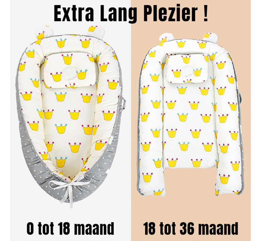 Allernieuwste.nl® Babynest 2-zijdig Omkeerbaar Baby Nest met Steun Kussen - Wasbaar 100% Katoen Babynestje - Bionisch Babybed - nid de bébé- 50 x 90 cm GRIJS Gestreept EN Kroontjes