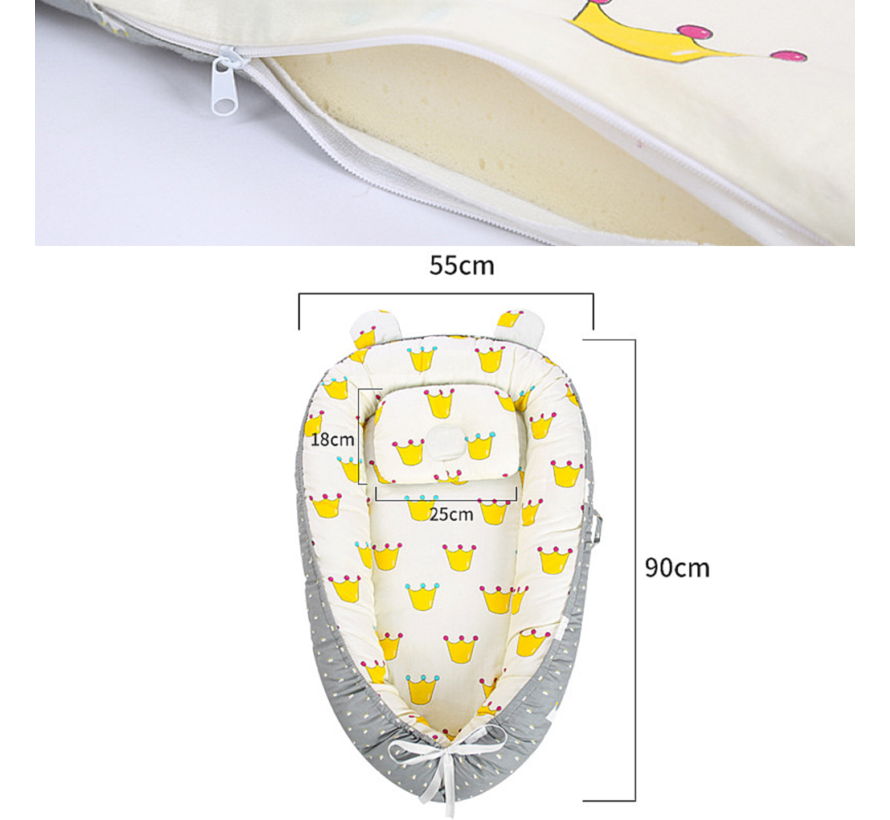 Allernieuwste.nl® Babynest 2-zijdig Omkeerbaar Baby Nest met Steun Kussen - Wasbaar 100% Katoen Babynestje - Bionisch Babybed - nid de bébé- 50 x 90 cm GRIJS Gestreept EN Kroontjes