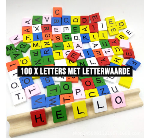 Allernieuwste.nl Allernieuwste.nl® 100 Stuks Kleur Houten Scrabble Letters met Letterwaarde - Alfabet Spel Letters Hout Kleur %%