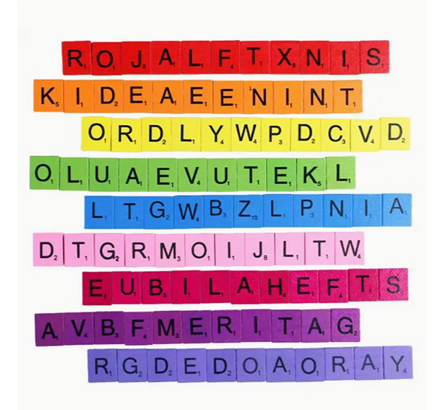 Allernieuwste.nl® 100 Stuks Kleur Houten Scrabble Letters met Letterwaarde - Alfabet Spel Letters Hout Kleur %%