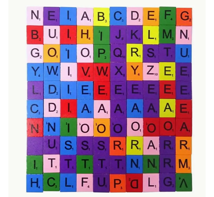 Allernieuwste.nl® 100 Stuks Kleur Houten Scrabble Letters met Letterwaarde - Alfabet Spel Letters Hout Kleur %%