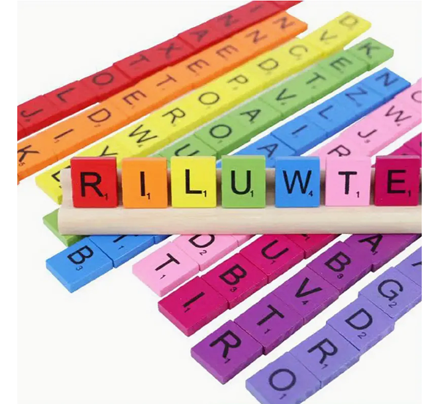 Allernieuwste.nl® 100 Stuks Kleur Houten Scrabble Letters met Letterwaarde - Alfabet Spel Letters Hout Kleur %%