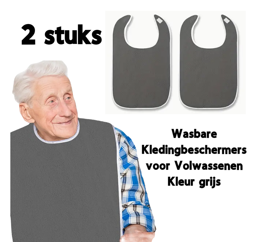 Allernieuwste.nl® SET 2 STUKS Badstof Slabber voor Volwassenen GRIJS - Waterdichte Slab voor Senioren - Ouderen Servet - Schort Gehandicapten - Kledingbeschermers - Grijs 2x %%