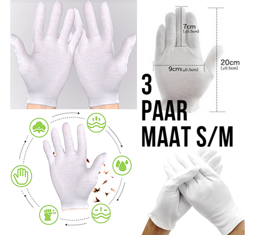 Allernieuwste.nl Allernieuwste.nl® 3 Paar Witte 100% Katoenen Handschoenen Munten Sieraden Zilver Goud Inspectie - Niet Pluizend - MAAT S/M