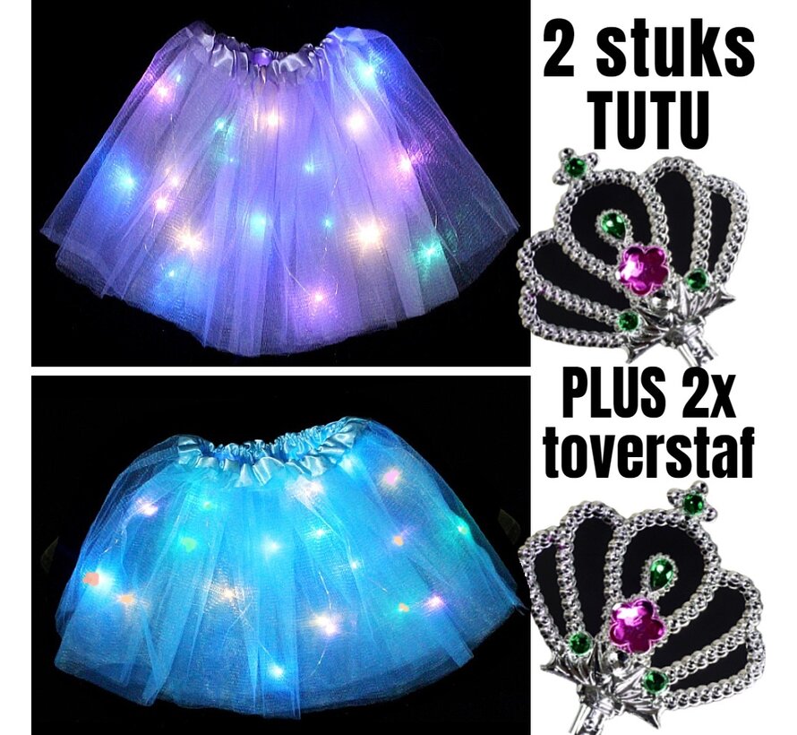 Allernieuwste.nl® 2 STUKS Tutu Kinder Rokje met Gekleurde Lichtjes PLUS 2 STUKS Toverstaf - Kinder Petticoat - 2 Stuks: PAARS + BLAUW