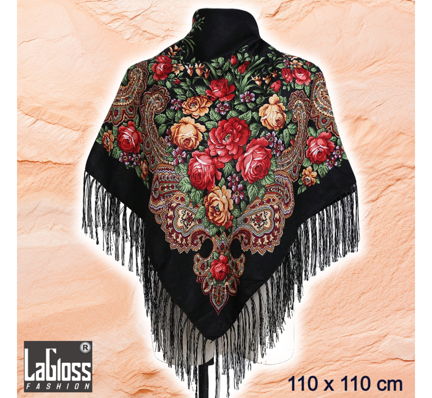 LaGloss® Omslagdoek Zwart Bohemian Bloemen & Kwastjes - Warme Winter Sjaal - 110x110cm **