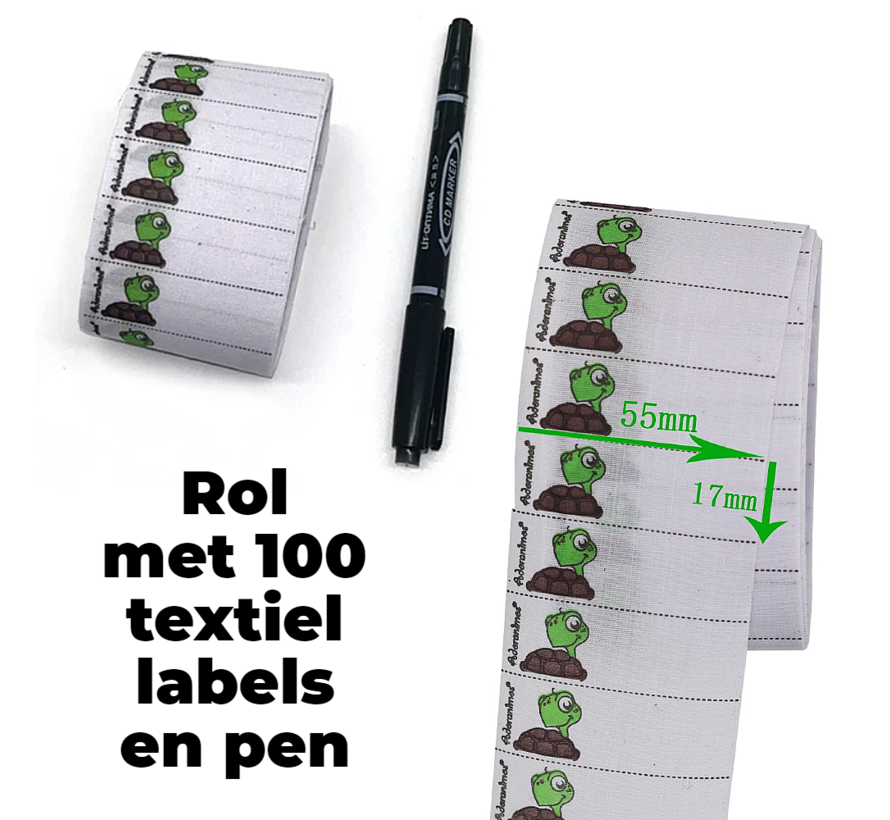 Allernieuwste.nl® Set Textiel Naam Labels Schildpad - Wasbare Kleding Etiketten - Kinderkleding Naam Tags - Opstrijk Naamlabels - SET 100 Stuks + Pen Zwart ##