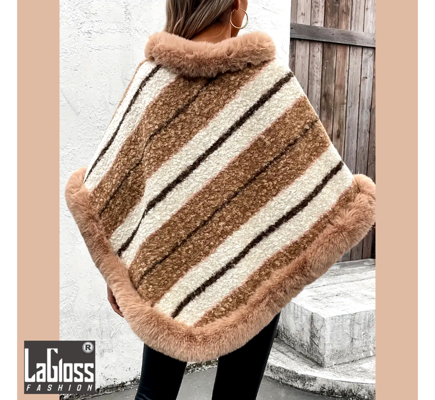 LaGloss® Poncho Pluche Faux Fur Kaki - Warme Winter Omslagdoek + Strepen - 70x100cm %%