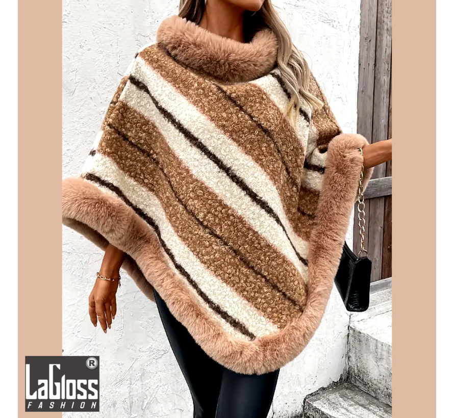 LaGloss® Poncho Pluche Faux Fur Kaki - Warme Winter Omslagdoek + Strepen - 70x100cm %%