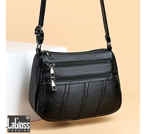 LaGloss LaGloss® Leatherlook Schoudertas Zwart - Stijlvolle PU Lederen Tas + Dubbele Rits & Verstelbare Band ##