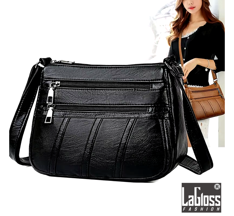 LaGloss® Leatherlook Schoudertas Zwart - Stijlvolle PU Lederen Tas + Dubbele Rits & Verstelbare Band ##