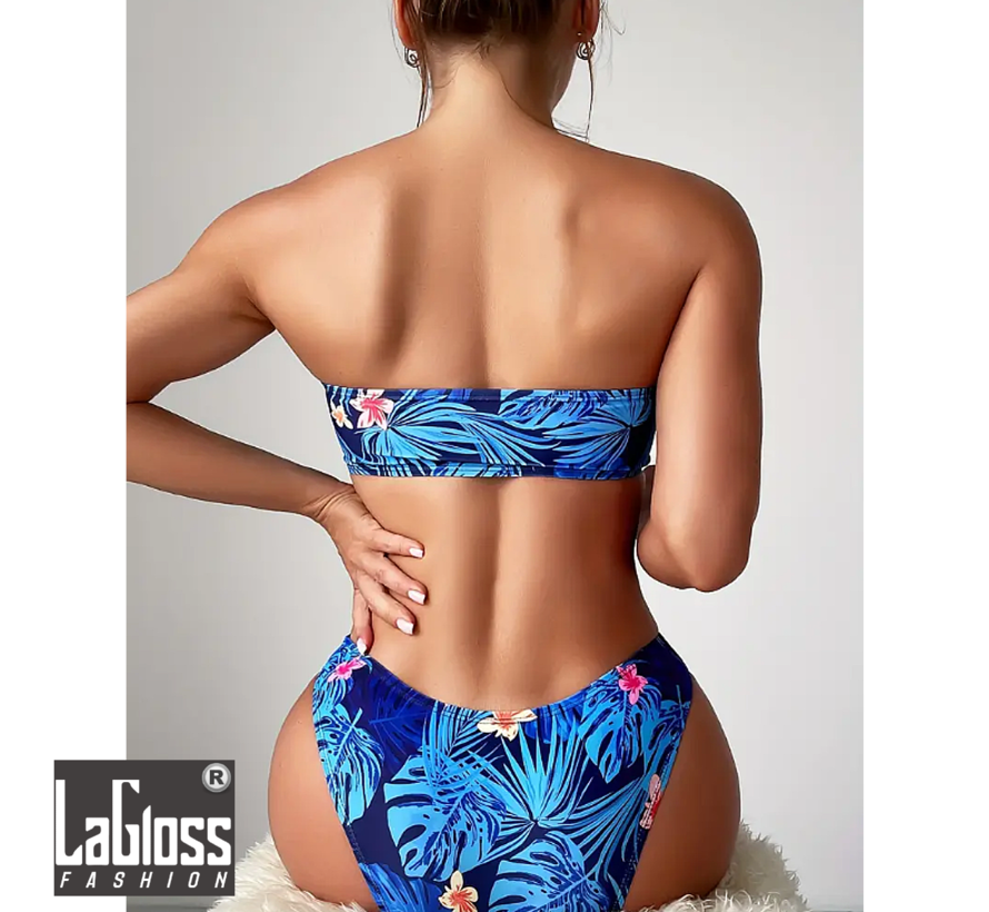 LaGloss® Blauwe Tropische Bloemen Bikini Set - Tweedelig - Strand - Maat M %%