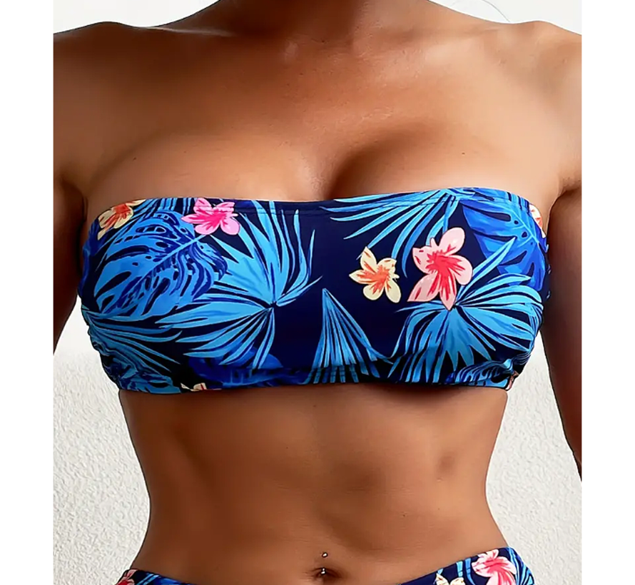 LaGloss® Blauwe Tropische Bloemen Bikini Set - Tweedelig - Strand - Maat M %%