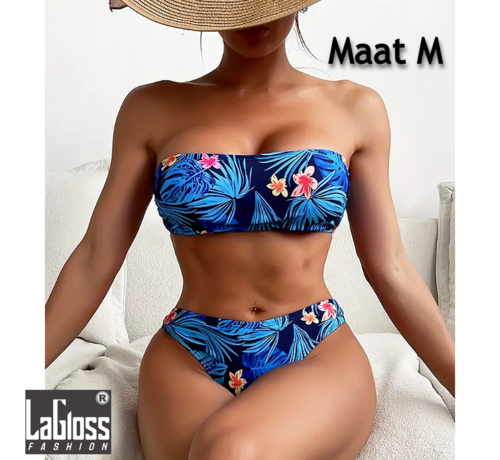 LaGloss LaGloss® Blauwe Tropische Bloemen Bikini Set - Tweedelig - Strand - Maat M %%