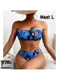 LaGloss Blauwe Tropische Bloemen Strapless Bikini Set Maat L