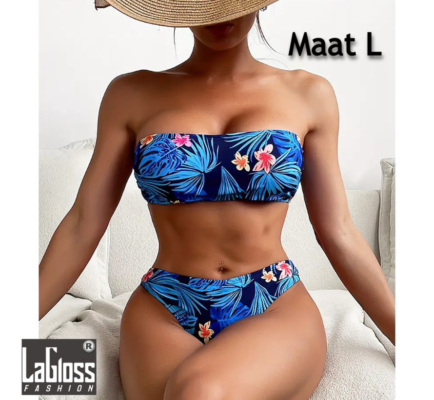 LaGloss® Blauwe Tropische Bloemen Bikini Set - Tweedelig - Strand - Maat L %%