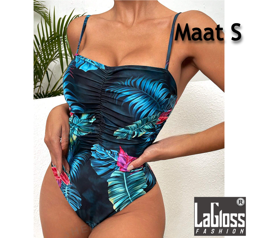 LaGloss® Blauw Tropisch Bloemen Badpak - Zomer Beach Swimsuit - 1-delig - Maat S - Zwembad **