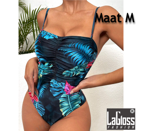 LaGloss LaGloss® Blauw Tropisch Bloemen Badpak - Zomer Beach Swimsuit - 1-delig - Maat M - Zwembad