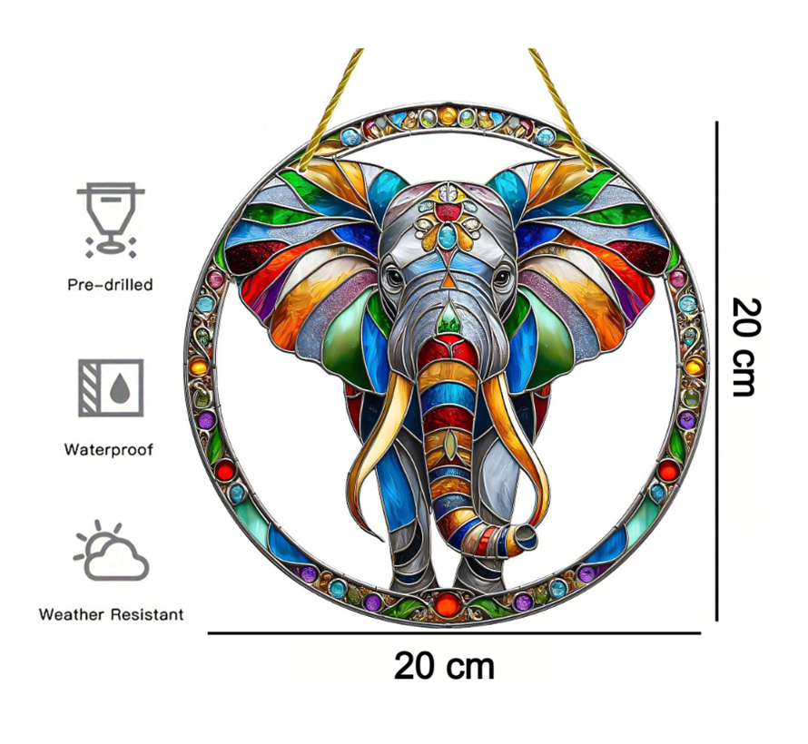 Allernieuwste.nl® Raamhanger Olifant - Kleurrijke Zonnevanger Rond Acryl + Ophangtouw - 20 cm Decoratie %%