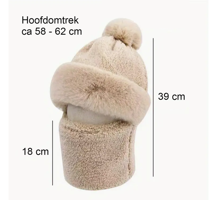 LaGloss® Winterwarme Creme Muts + Sjaal - Faux Fur - Modieus en Warm - 58-62cm