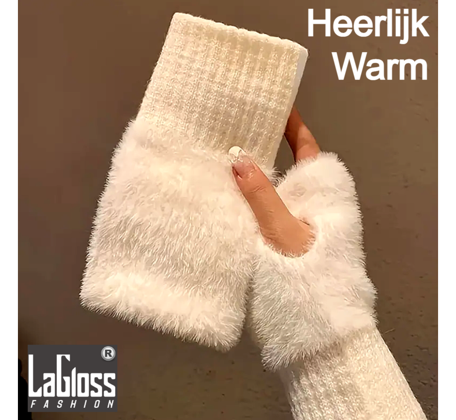 LaGloss® Winter Warme Pluche Handschoenen Wit - Vingerloos, Modieus en Comfortabel