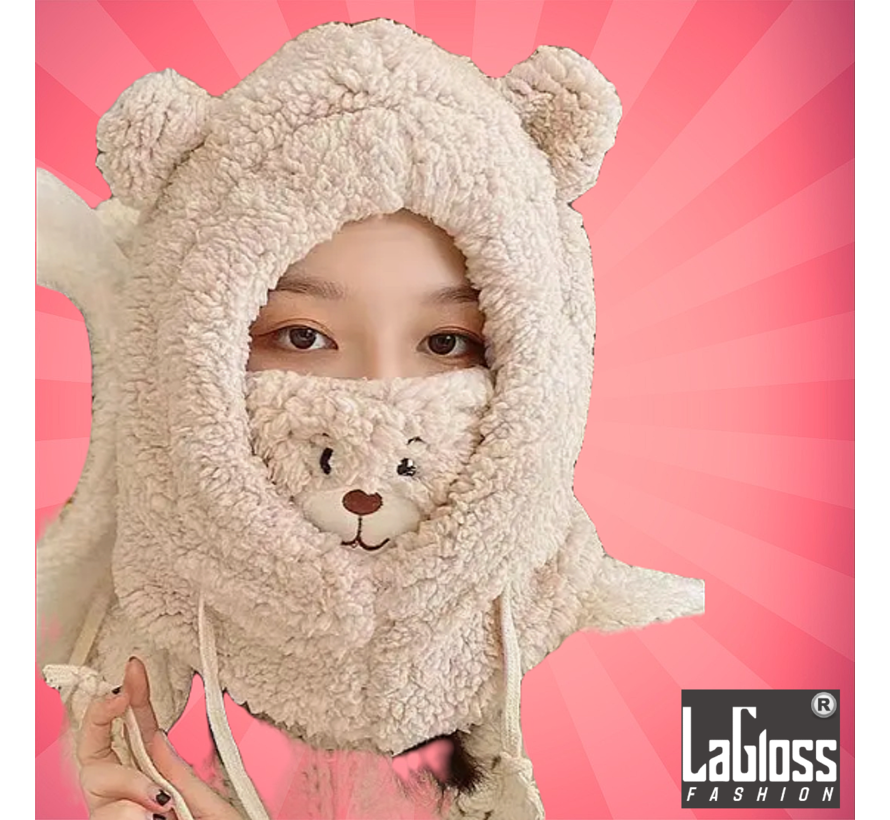 LaGloss® Teddy Look Khaki Berenmuts met Oren en Neus + Mond Bedekking - Warm en Modieus