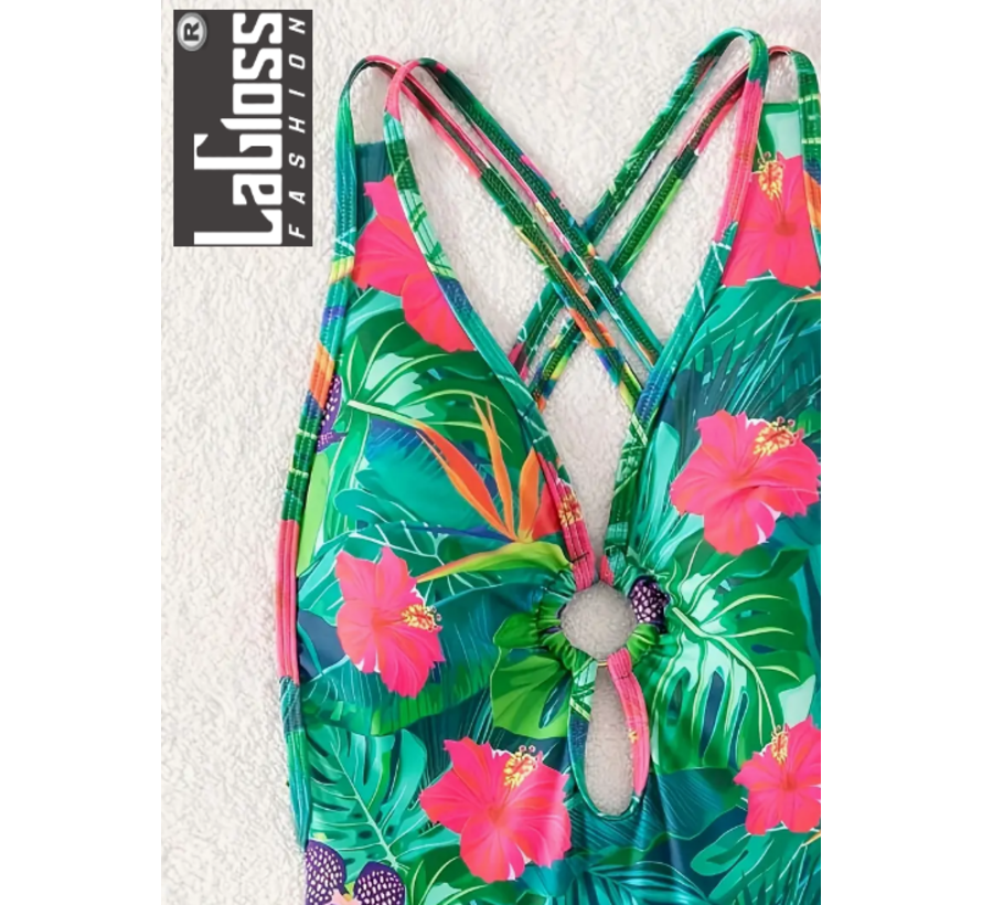 LaGloss® Groen Tropisch Bloemen Badpak - Zomer Beach Swimsuit - 1-delig - Maat S %%