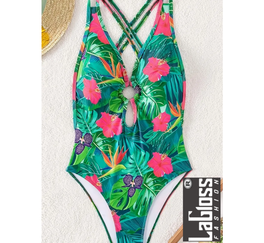 LaGloss® Groen Tropisch Bloemen Badpak - Zomer Beach Swimsuit - 1-delig - Maat S %%