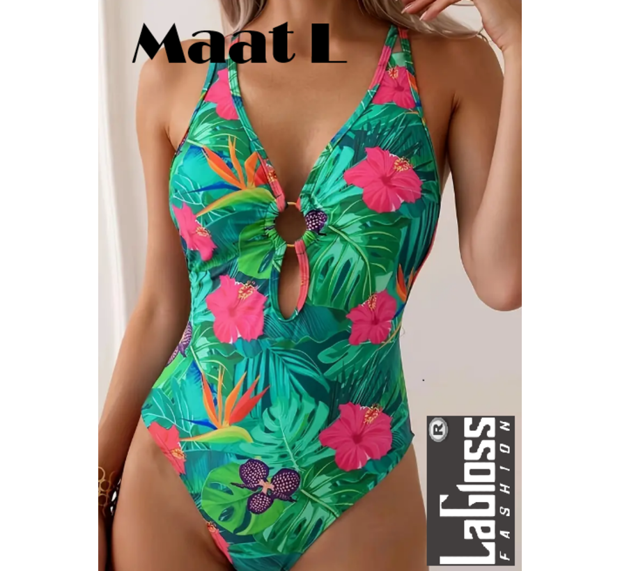 LaGloss® Groen Tropisch Bloemen Badpak - Zomer Beach Swimsuit - 1-delig - Maat L %%