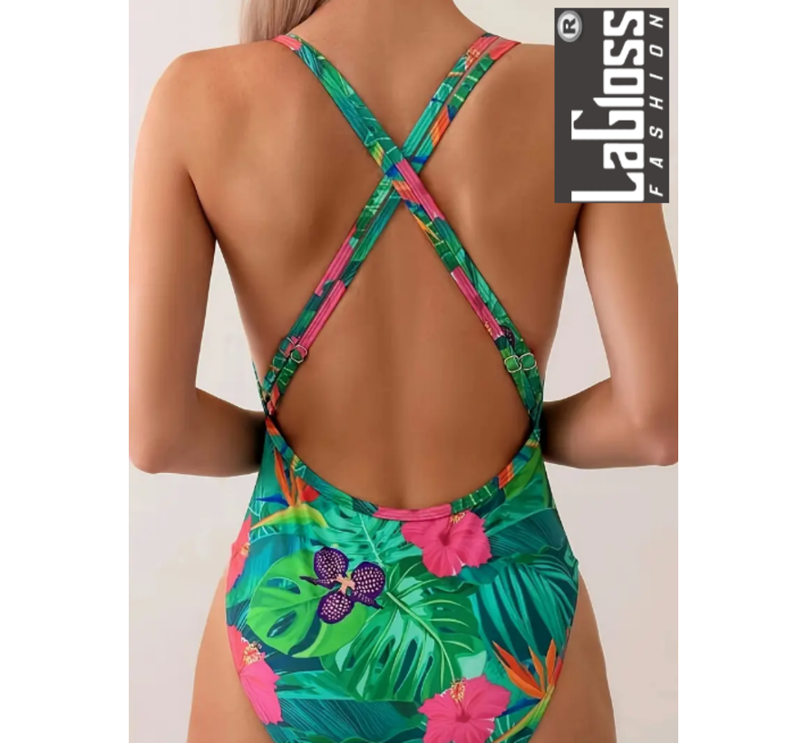 LaGloss® Groen Tropisch Bloemen Badpak - Zomer Beach Swimsuit - 1-delig - Maat L %%