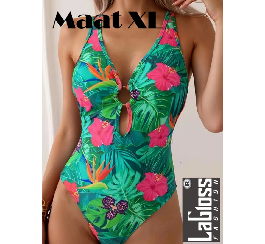 LaGloss® Groen Tropisch Bloemen Badpak - Zomer Beach Swimsuit - 1-delig - Maat XL %%