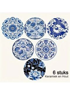 Allernieuwste.nl 6 Stuks Keramische & Houten Delfts Blauwe Onderzetters