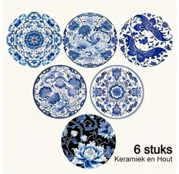 Allernieuwste.nl 6 Stuks Keramische & Houten Delfts Blauwe Onderzetters