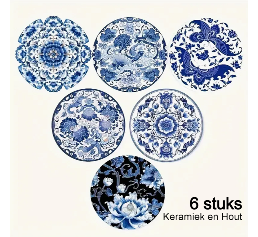 Allernieuwste.nl® 6 Stuks Keramische & Houten Delfts Blauwe Onderzetters Hittebestendig Alle Dranken 6 Stuks