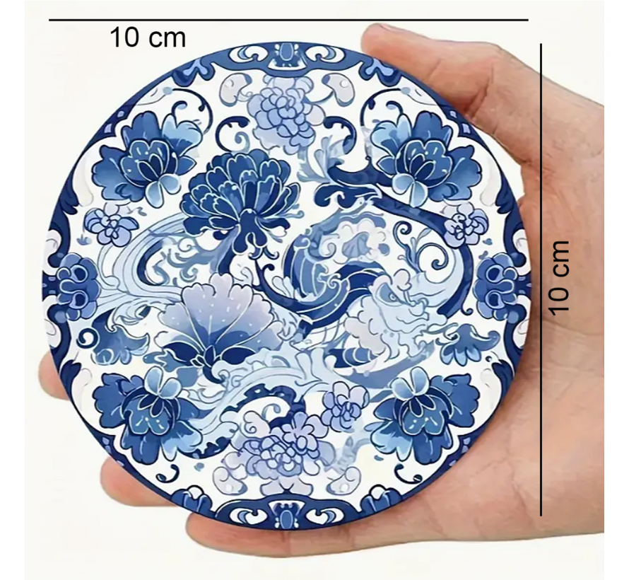 Allernieuwste.nl® 6 Stuks Keramische & Houten Delfts Blauwe Onderzetters Hittebestendig Alle Dranken 6 Stuks