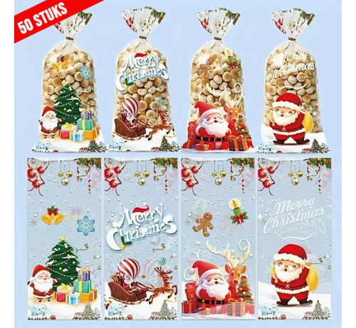 Allernieuwste.nl Allernieuwste.nl® 50 stuks Kerst Traktatie Zakjes - Mix 4 Designs - 27 x 12.5 cm - Plastic Uitdeelzakjes