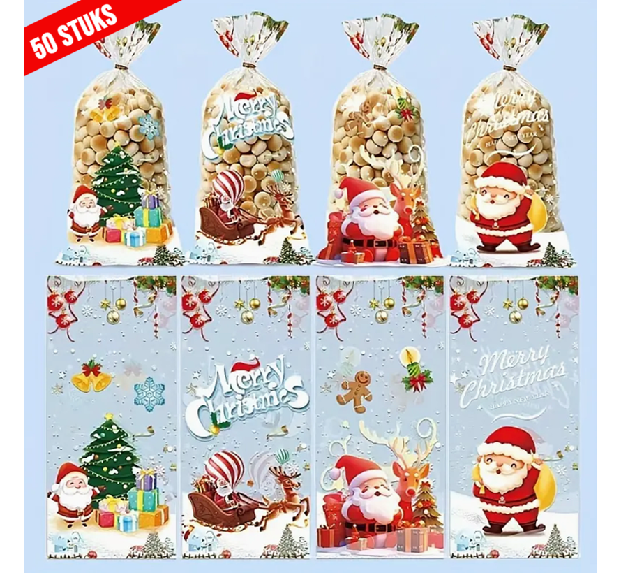 Allernieuwste.nl® 50 stuks Kerst Traktatie Zakjes - Mix 4 Designs - 27 x 12.5 cm - Plastic Uitdeelzakjes