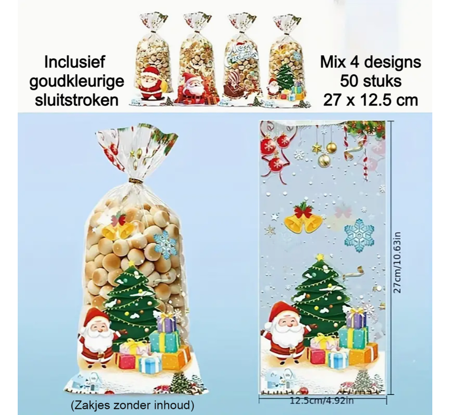 Allernieuwste.nl® 50 stuks Kerst Traktatie Zakjes - Mix 4 Designs - 27 x 12.5 cm - Plastic Uitdeelzakjes