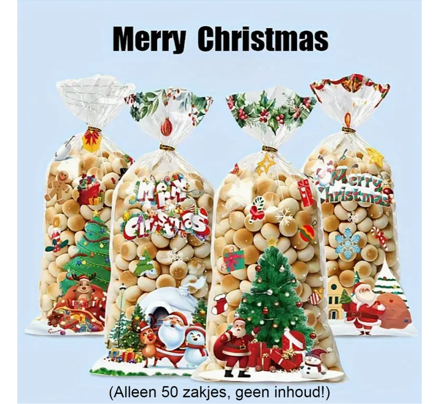 Allernieuwste.nl® 50 stuks Kerst Traktatie Zakjes - Mix 4 Designs - 27 x 12.5 cm - Plastic Uitdeelzakjes