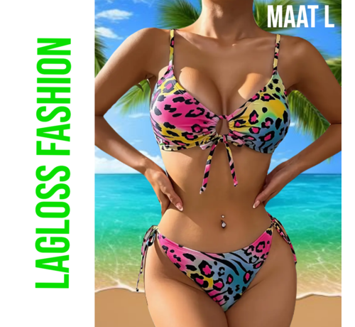 LaGloss LaGloss® Neon Panter print Bikini 2- zomer - beach swimsuit - strand bikini zwembad - 2-delig - Maat L %%