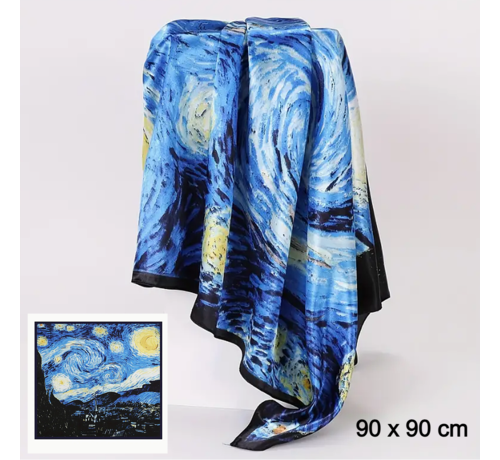 LaGloss LaGloss® Luxe Blauwe Sjaal Van Gogh Sterrennacht - Satijn Bandana Hoofddoek - 90 x 90 cm %%