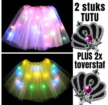 Allernieuwste.nl 2 Stuks Tutu Kinder Rokje met Gekleurde Lichtjes + 2 STUKS Toverstaf - Roze en Geel