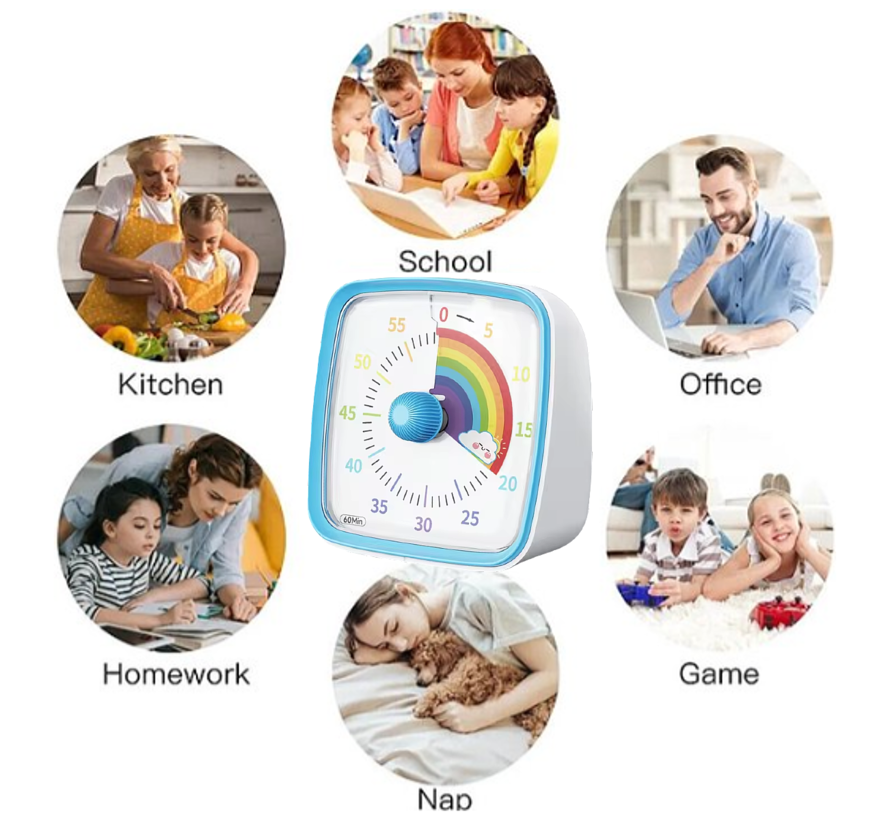 Allernieuwste.nl® Leerklok Timer REGENBOOG Countdown Visuele Timer Tijdklok 60 Minuten - Leerklok Kind, School, Thuis, Keuken, Kantoor - Blauw Regenboog %%