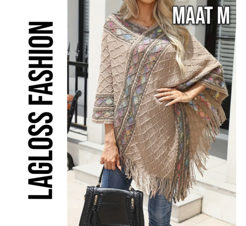 LaGloss LaGloss® Poncho Taupe met Kleurrijk Patroon & Kwastjes - Maat M **