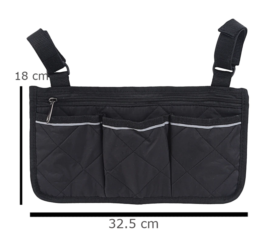 Allernieuwste.nl® Rolstoel Armsteun Opbergtas Zwart - Rolstoeltas met 4 Opbergvakken - 32.5 x 18 cm - Kleur ZWART