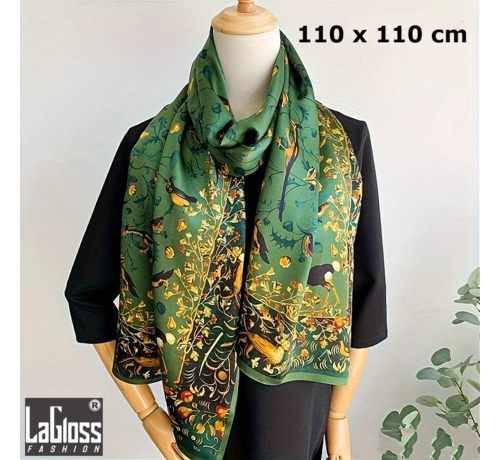 LaGloss LaGloss® Luxe XL Bohemian Sjaal Groene Vogels - Winddicht & Zonbeschermend - Groen Kleurblok - 110 x 110 cm %%