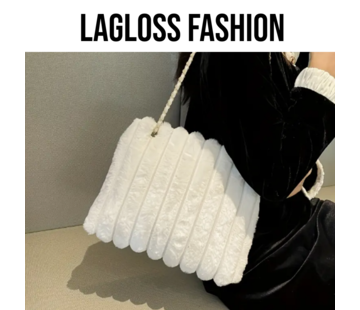 LaGloss Schoudertas Pluche Wit met Gouden Schouderketting - 31 x 8 x 24 cm