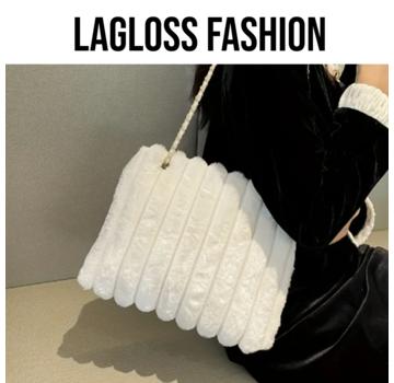 LaGloss Schoudertas Pluche Wit met Gouden Schouderketting - 31 x 8 x 24 cm
