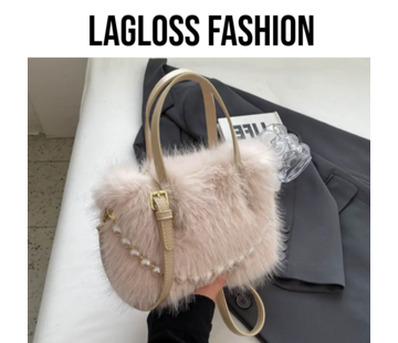 LaGloss Crossbody Tas Pluche Creme met Parels - 27x12x15,5 cm - Herfst/Winter