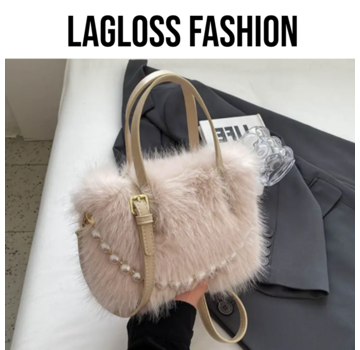 LaGloss Crossbody Tas Pluche Creme met Parels - 27x12x15,5 cm - Herfst/Winter